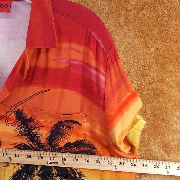 HUGO BOSS Shirt Mens XL Red Sunset Button Up Short Sleeve Hawaiian ELLINO $148 - Picture 9 of 11